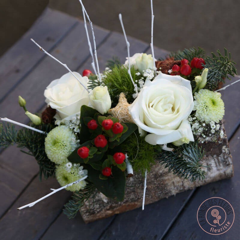 Buche fleurie centre de table fêtes Noël La Ronde des Fleurs