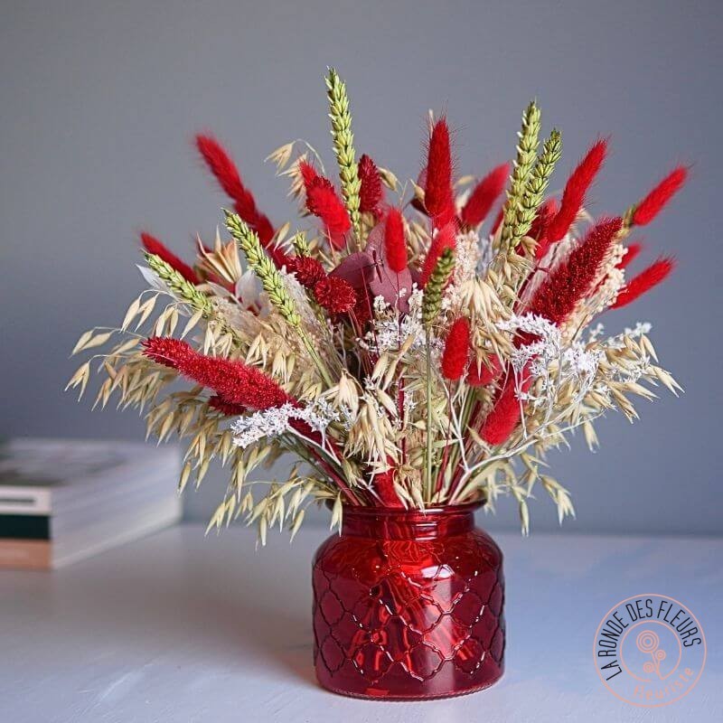 bouquet de fleurs séchées rubis et son vase La Ronde des Fleurs